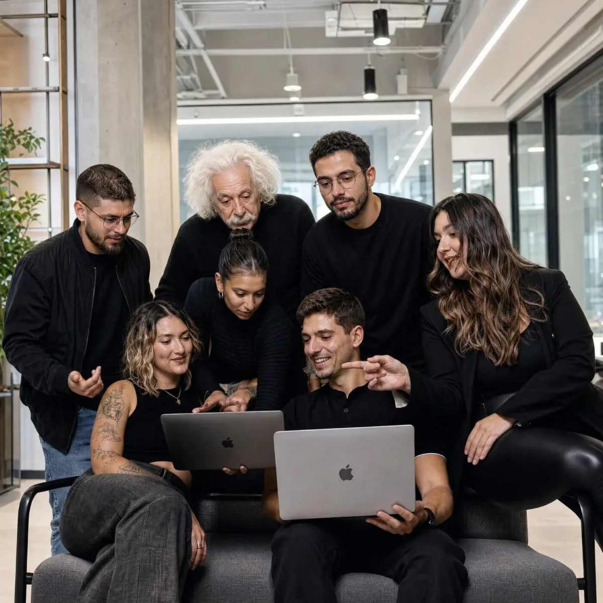 Time da AISTEN reunido em torno de dois notebooks no escritório